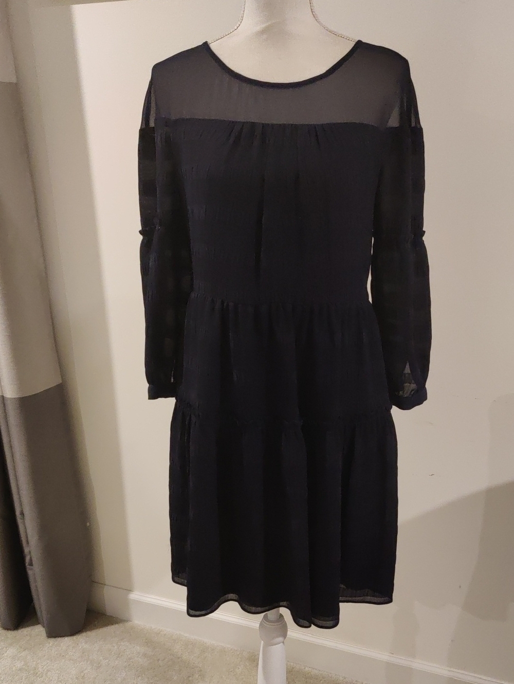 Banana Republic Navy 3/4 Sleeve Sheer  Tiered Dress CottageCore Y2K Country Chic